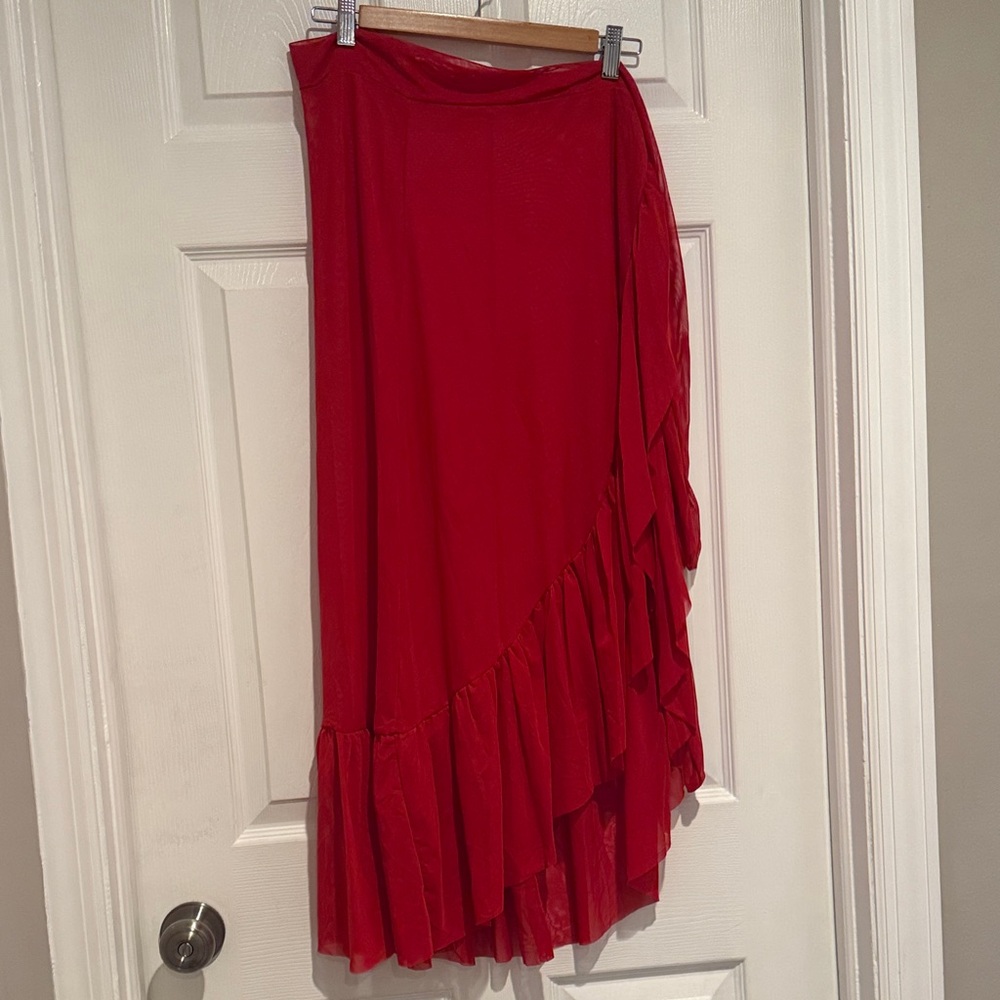 Red Floral Accent Plunge One-Piece Swimsuit & Matching Maxi Skirt Set - Picture 8 of 15